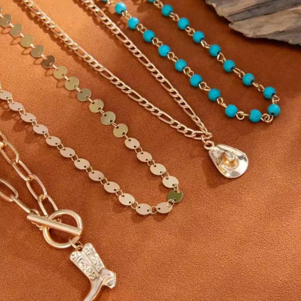 Gold Western Layered Necklace Set Cowboy Boot & Hat Charms Turquoise Beads - Picture 4 of 10